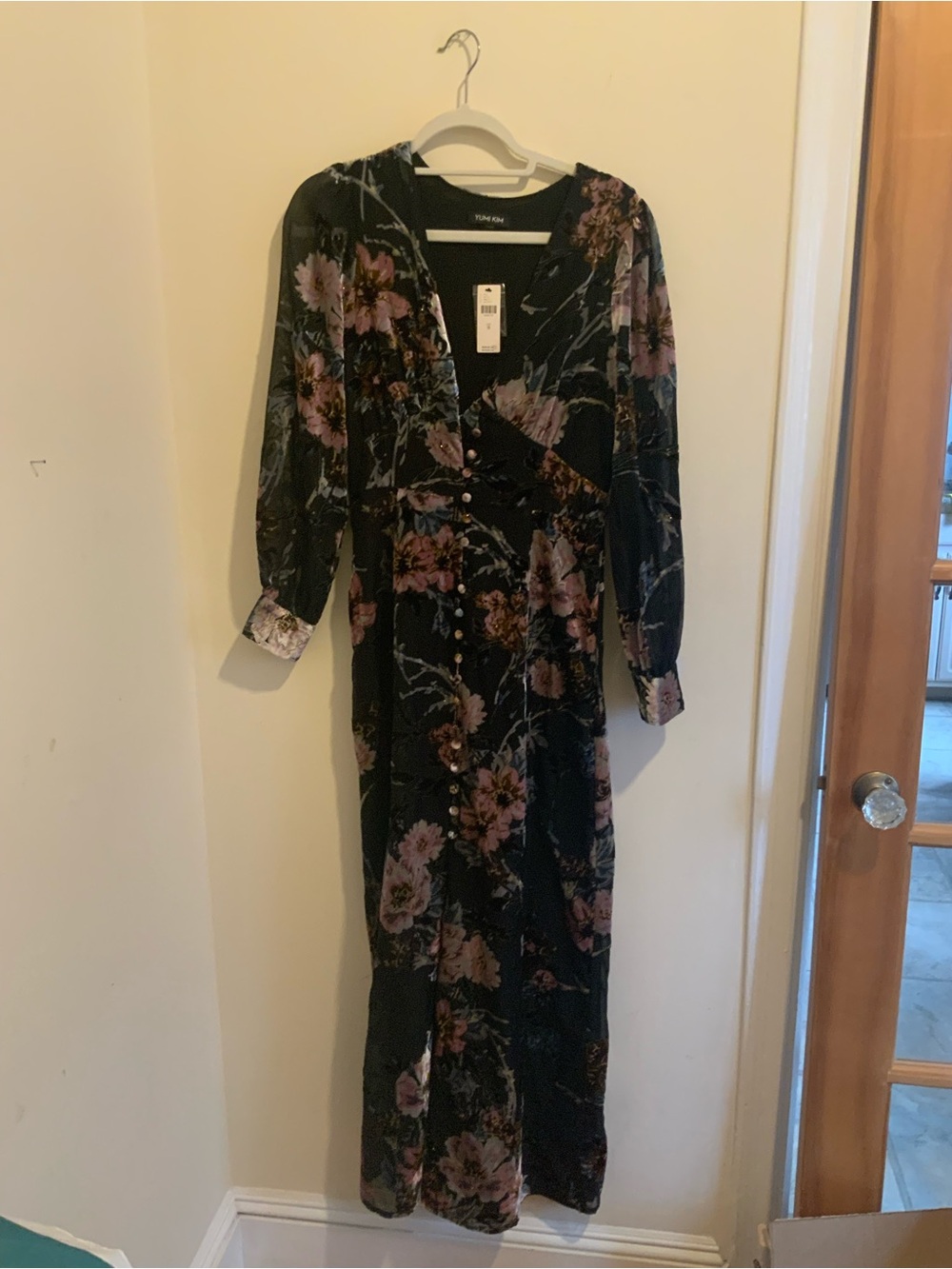 NWT Yumi Kim Floral Button-Front Wrap Maxi Dress - Black/Pink SZ M